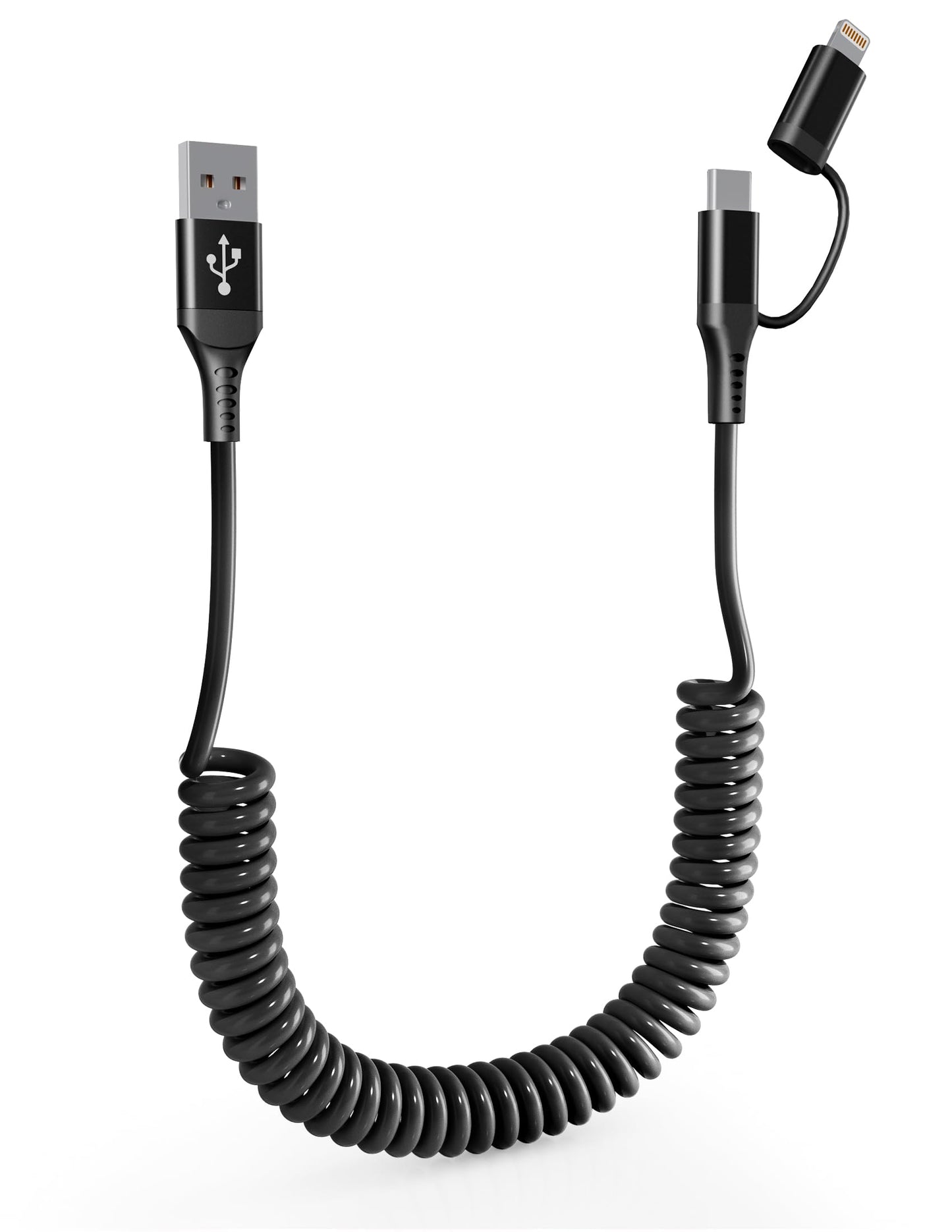 Pubiohs Coiled Phone Car Charger Cable - USB-C and Lightning 2-in-1 Charging Cable, 40cm to 4ft Extendable Cord for CarPlay & Auto, Tangle-Free…