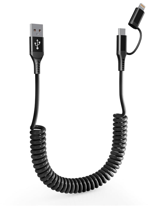 Pubiohs Coiled Phone Car Charger Cable - USB-C and Lightning 2-in-1 Charging Cable, 40cm to 4ft Extendable Cord for CarPlay & Auto, Tangle-Free…