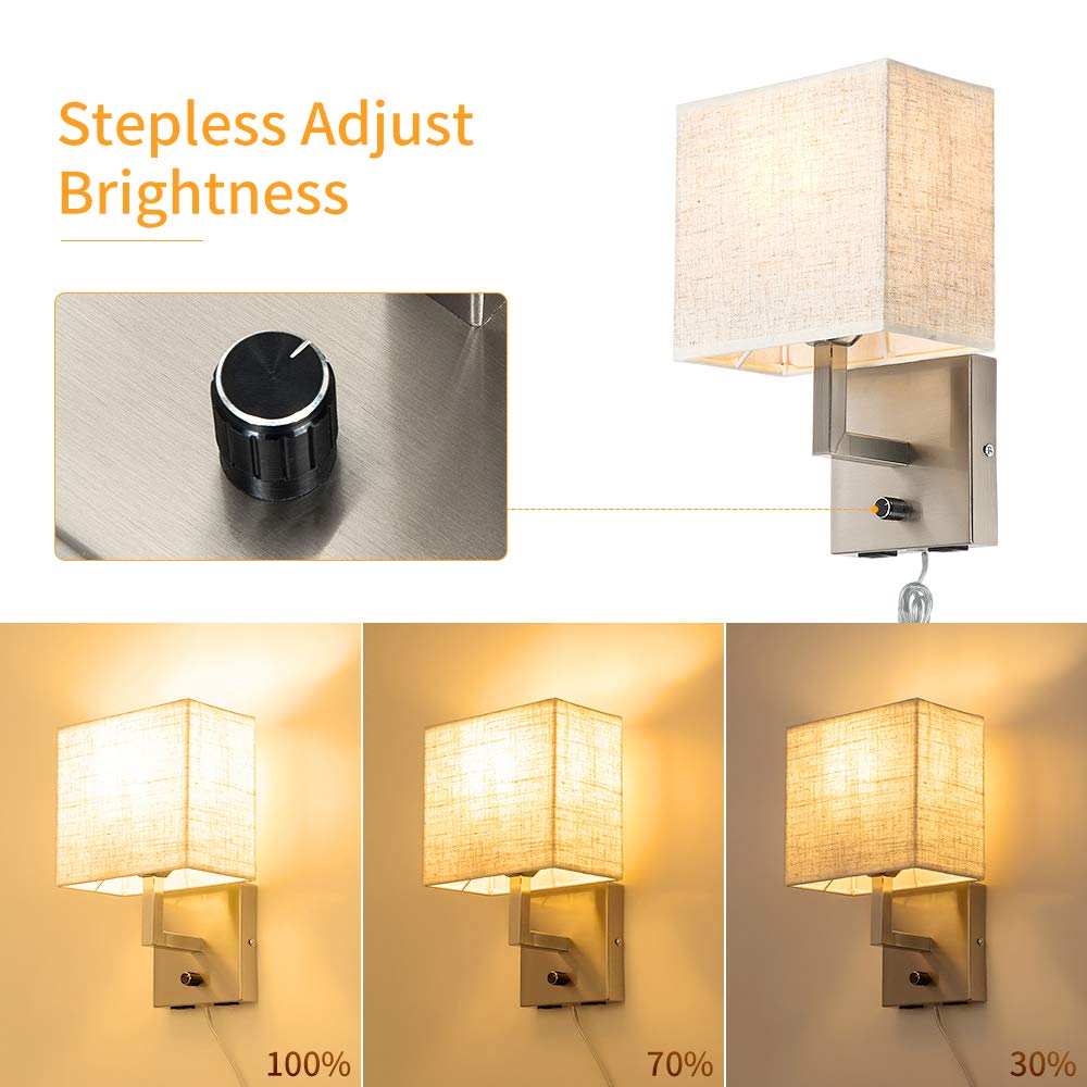 Bedside Wall Mount Light with Dimmer Switch and Two USB Charging Port,Fabric Linen Shade Wall Sconces Light with Plug in Cord and Satin Nickel Finish