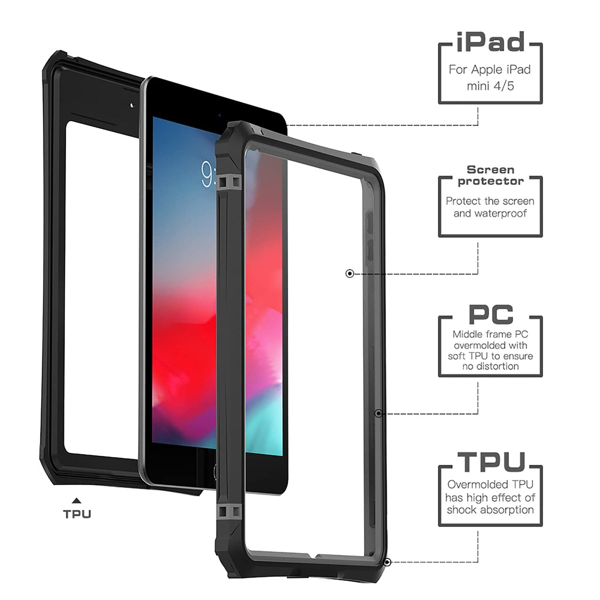 ShellBox Case for iPad mini 5/4 7.9 Inches,Full-Body Protective Bumper Case,with Pencil Holder,Rugged Folding Kickstand,Lanyard,IP68 Waterproof