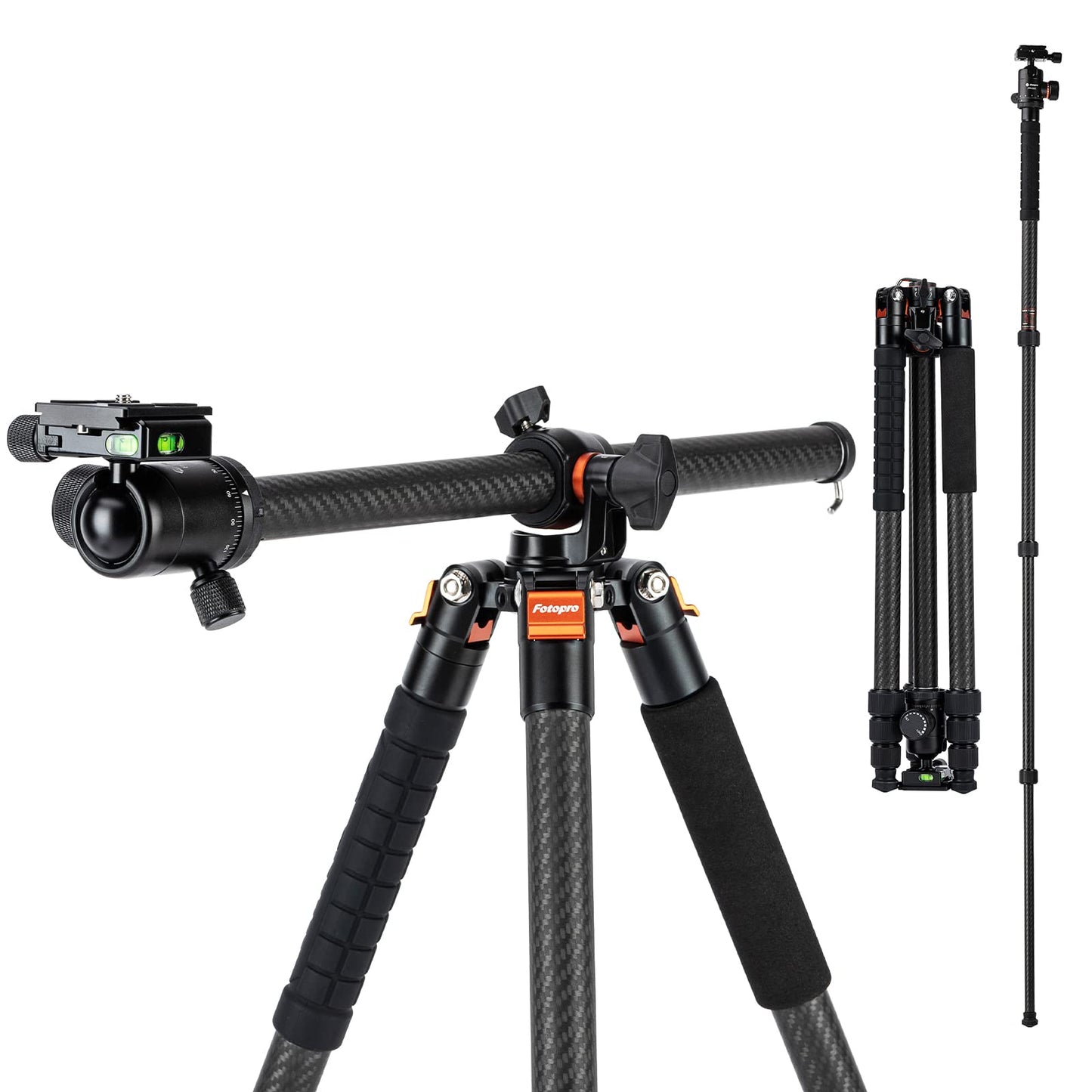 Fotopro Carbon Fiber Horizontal Tripod, 62.6 Inch 2-in-1 Camera Tripod Monopod with 360 Degree Ball Head Quick Release Plate for DSLR Video Camcorder