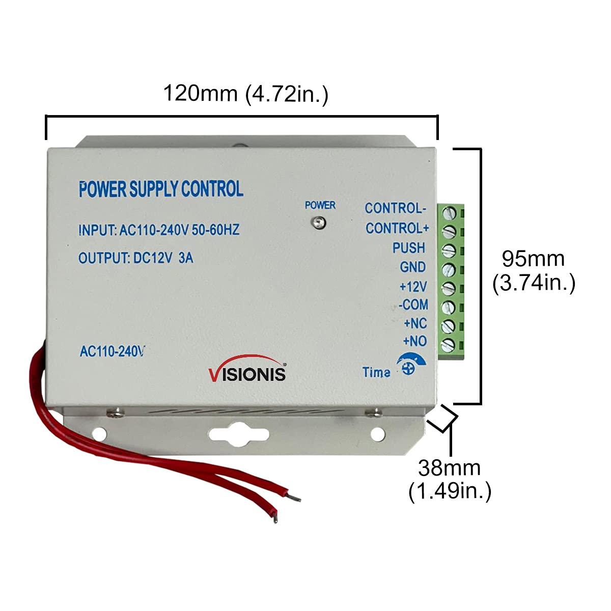 Visionis VIS-PS100 AC110-240VAC to 12V 3AMP Power Supply for Door Access Control 12 Volts 3000mA with LED