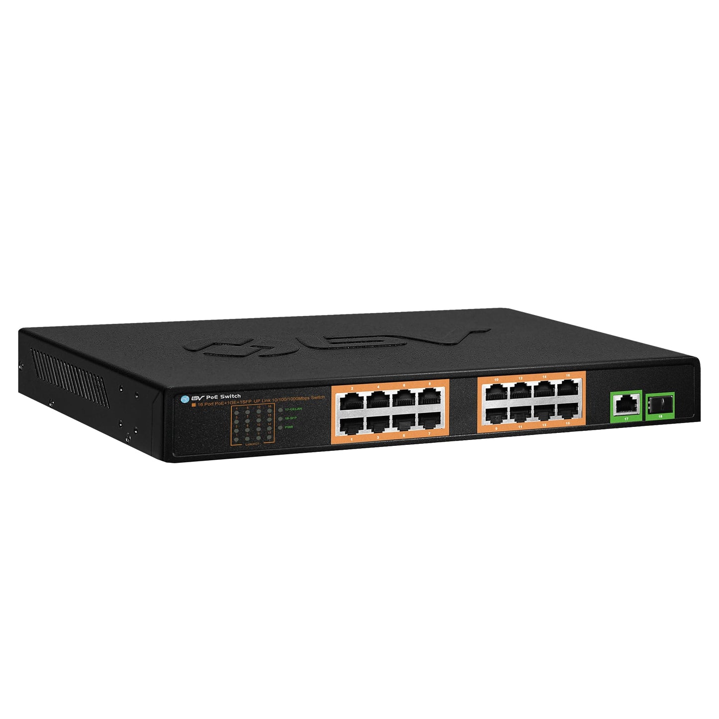 BV-Tech 18 Ports Long Range PoE+ Switch (16 PoE+ Ports | 1 Gigabit Ethernet uplink with 1 SFP Uplink) - 19" Rackmount - 120W - 802.3af/at -Desktop