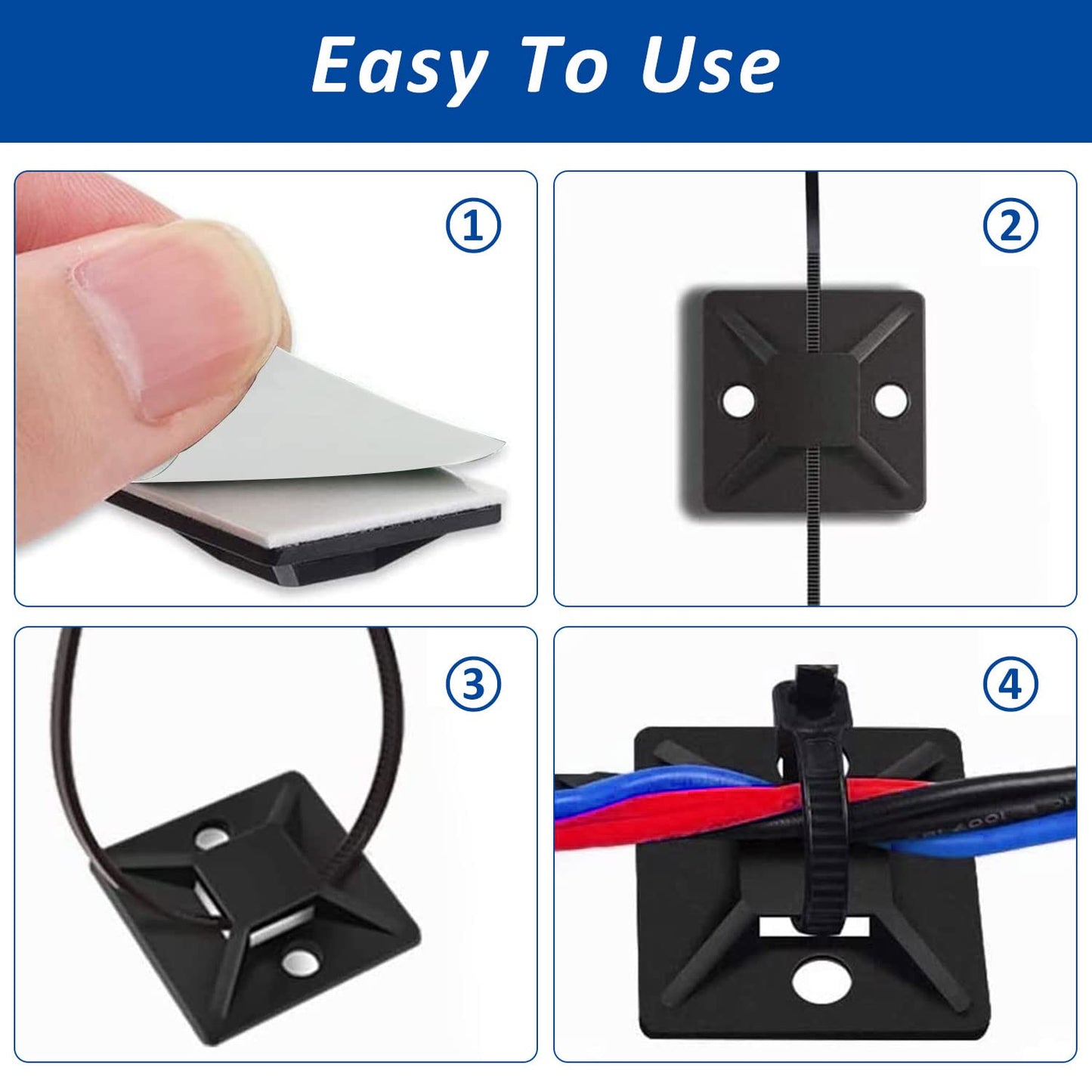 Strong Back-Glue Self Adhesive Cable Zip Tie Mounts Kit - 100 Set Cable Management Clips with 6" Zip Ties, Wire Holders - Outdoor Sticky Wire