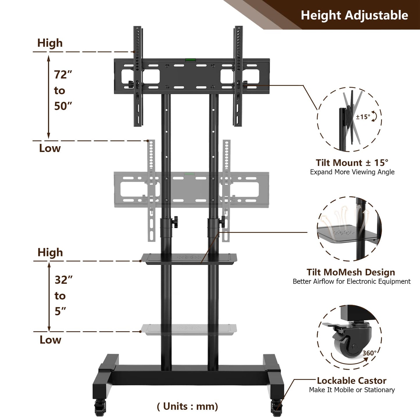 TAVR Dual Mobile TV Stand Rolling TV Cart Floor Stand with 2 TV Brackets on Locking Wheel Height Adjustable Shelf for 32-70 inch Flat/Curved Screen
