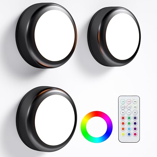 BESTDLCLITE LED Puck Lights with Remote, 13-Color Under Cabinet Lighting Wireless, Battery Operated Stick-On Lights, Dimmable Push Light