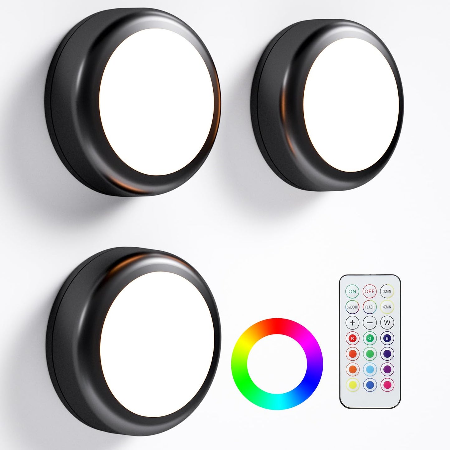 BESTDLCLITE LED Puck Lights with Remote, 13-Color Under Cabinet Lighting Wireless, Battery Operated Stick-On Lights, Dimmable Push Light