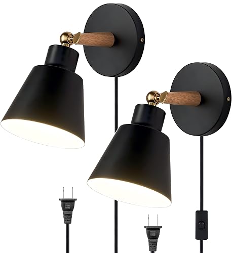 ClanKin Plug in Wall Sconces Lighting Set of 2, Black Wood Style Wall Sconce Reading Lamp, Adjustable Wall Light for Bedroom Hallway Living Room (2