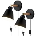 ClanKin Plug in Wall Sconces Lighting Set of 2, Black Wood Style Wall Sconce Reading Lamp, Adjustable Wall Light for Bedroom Hallway Living Room (2
