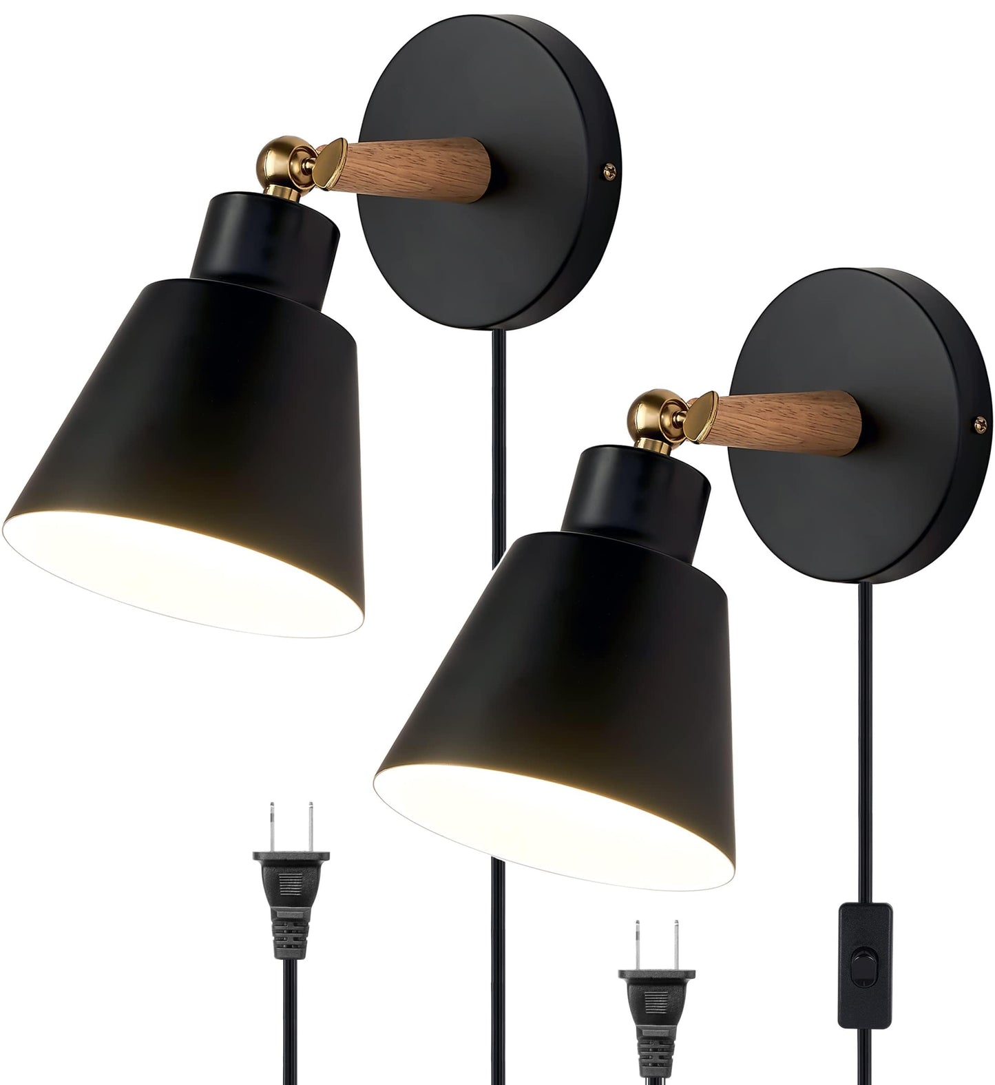 ClanKin Plug in Wall Sconces Lighting Set of 2, Black Wood Style Wall Sconce Reading Lamp, Adjustable Wall Light for Bedroom Hallway Living Room (2