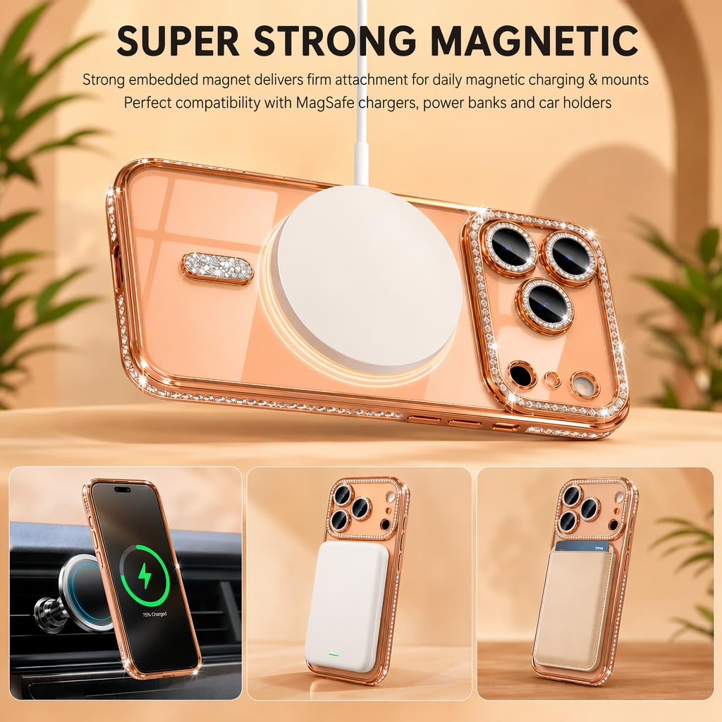 Doulings Magnetic Glitter Diamond for iPhone 13 Pro Max Case[Compatible with MagSafe]Sparkle Rhinestone Camera Lens Protector Plated,Crtstal Clear