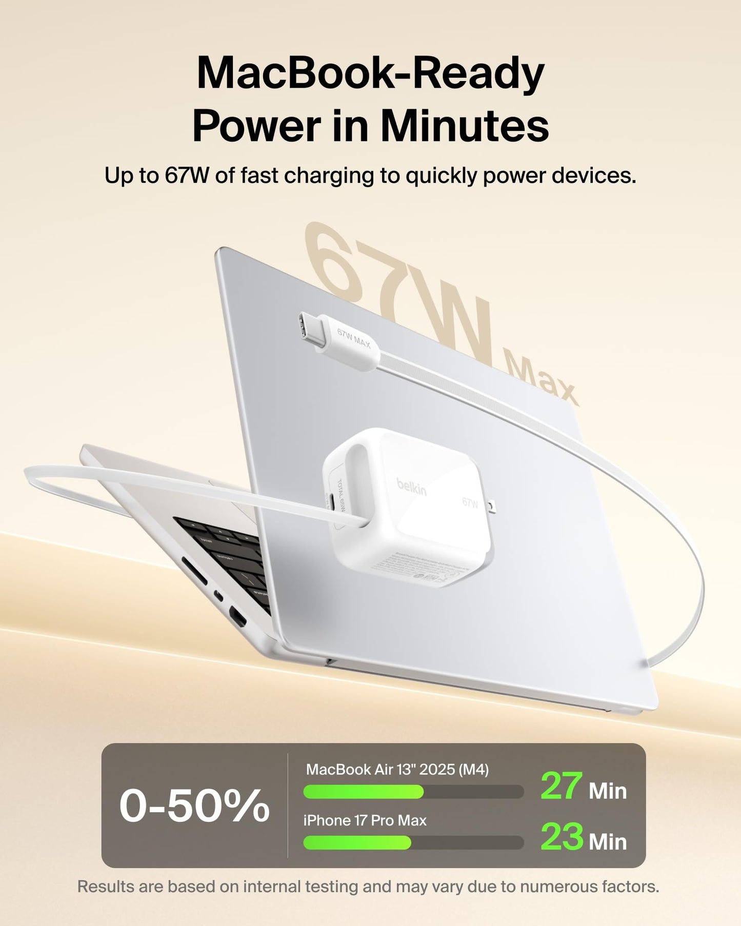 Belkin USB C Retractable Wall Charger, 67W Max GaN Fast Charging Block w/Built-in, Extra-Long 3.3ft Retractable Cable - iPhone Charger for iPhone
