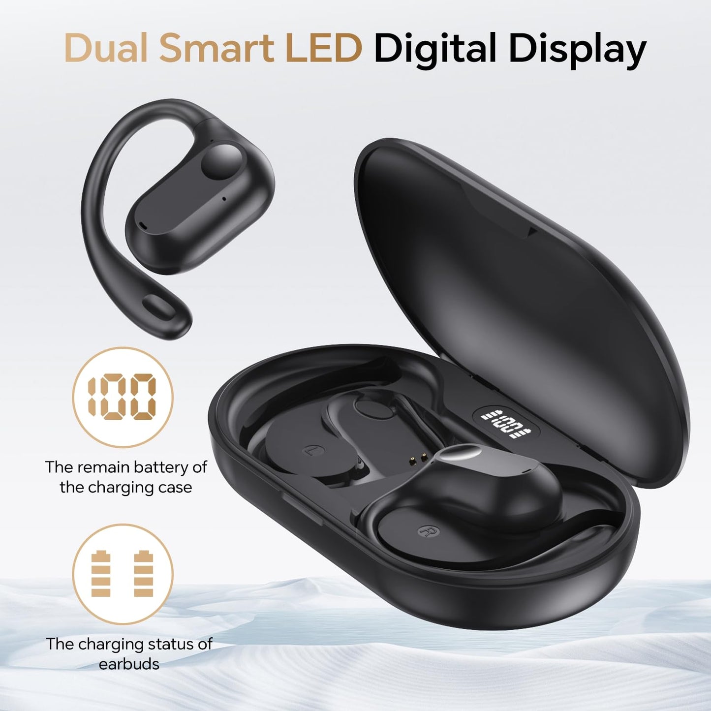 Open Ear Headphones Wireless Earbuds Air-Conduction Bluetooth Earphones LED Digital Display 24H Playtime Over Ear Buds Stereo Sound Lightweight…