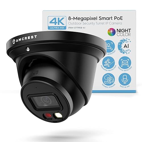 Amcrest 4K Night Color AI Turret IP PoE Camera 49ft Full Color Nightvision, Security IP Camera, Built-in Microphone, Human Detection, Perimeter