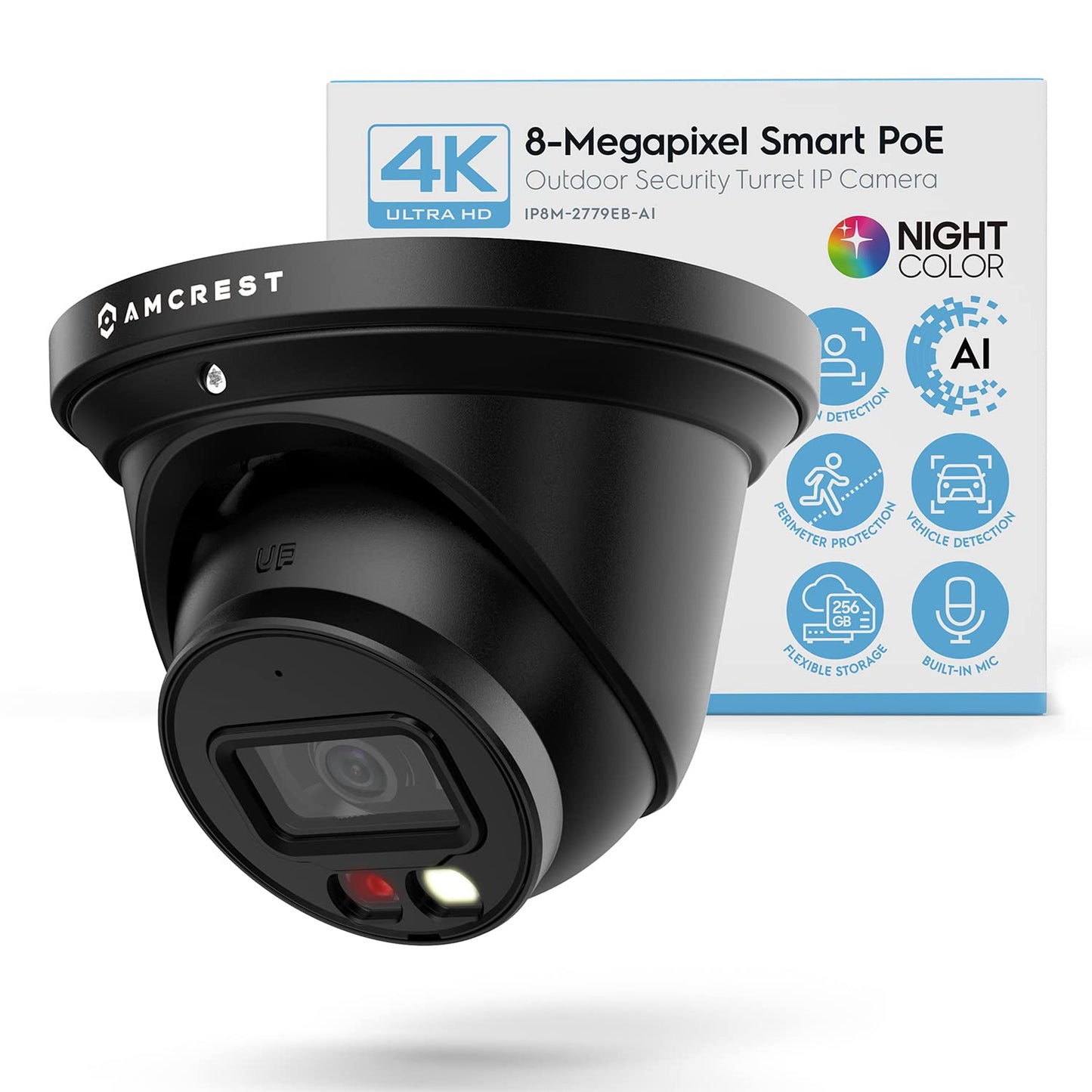 Amcrest 4K Night Color AI Turret IP PoE Camera 49ft Full Color Nightvision, Security IP Camera, Built-in Microphone, Human Detection, Perimeter