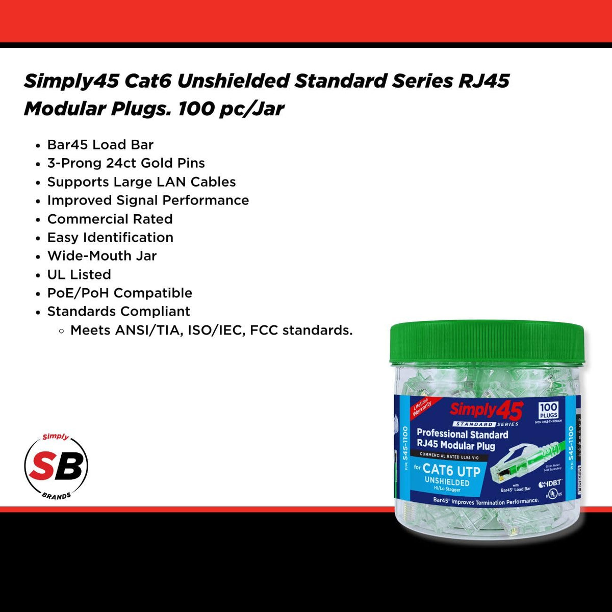 Simply45 Cat6/6a UTP RJ45 Unshielded Standard Mod Plugs, Green, 100-Pack