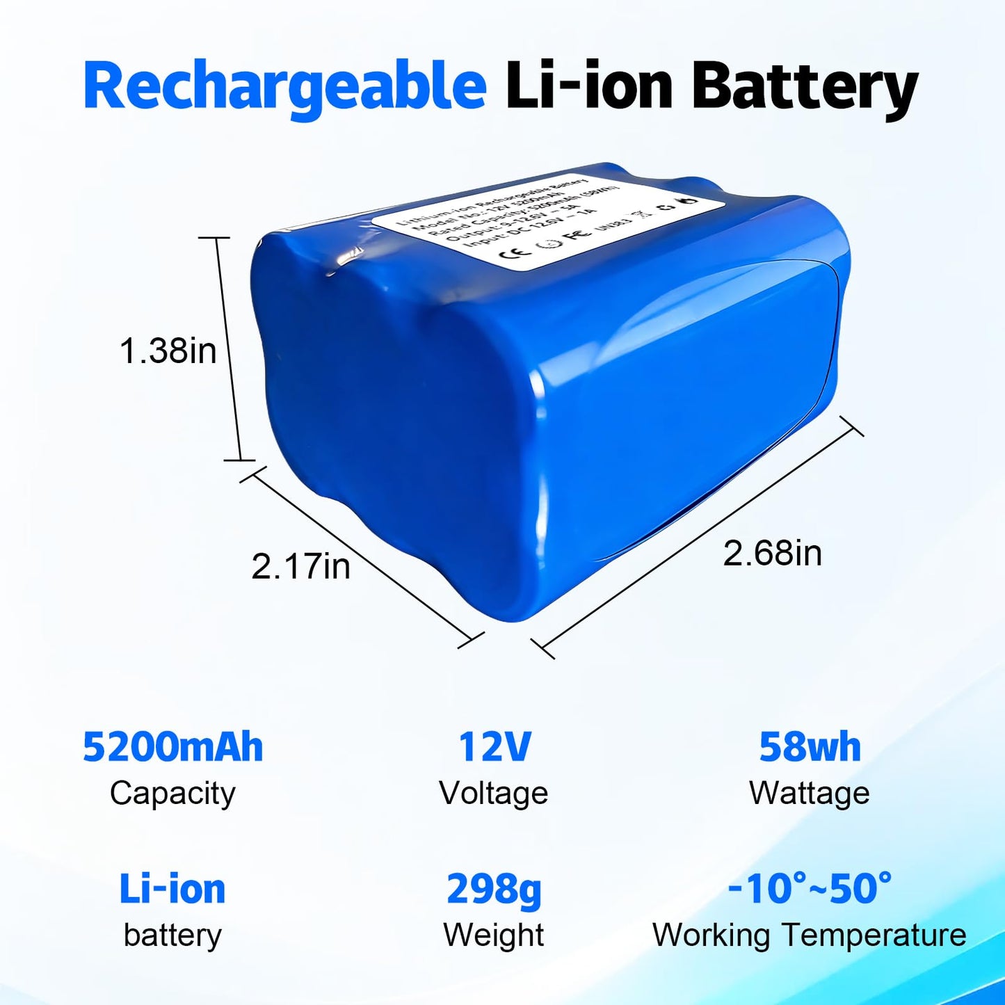 12V 5200mAh Rechargeable Li-ion Battery with Charger, Bare Leads Wire Battery Pack Perfect for DIY Project, Speakers, RC Car, Robot Toys, LED Light