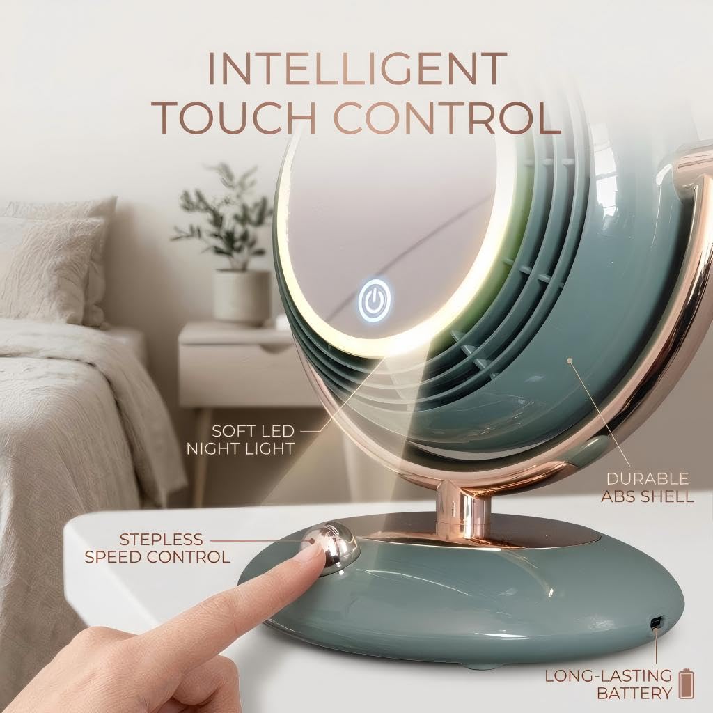 EZMind Retro-Style Makeup Mirror Desktop Portable Fan, Desktop Dressing Mirror with Built-in Fan, Equipped with LED Lighting, Warm and Cool Tone