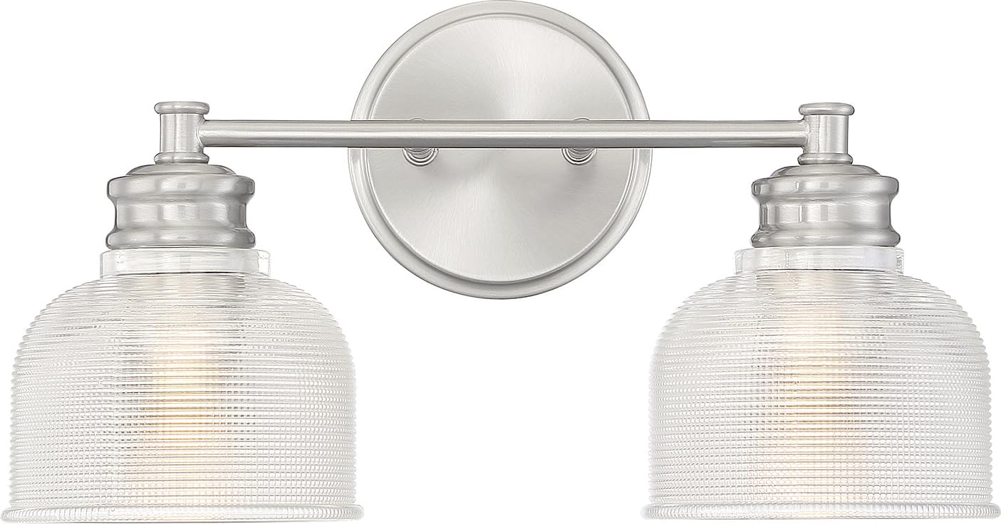 Meridian M80034BN Traditional Farmhouse Clear Halophane Glass Bathroom Vanity Wall Light, 2-Light 120 Total Watts, 9" H x 16" W, Brushed Nickel
