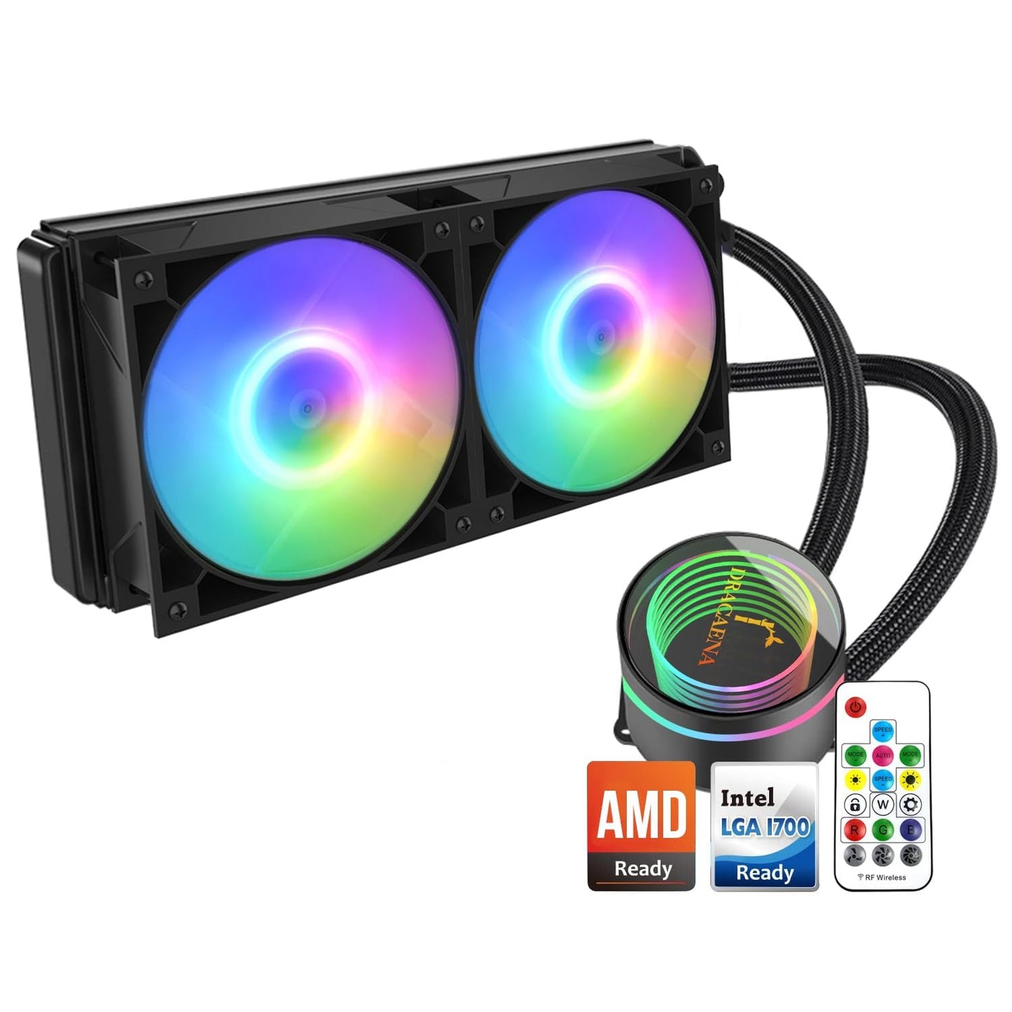 Dracaena 240mm AIO CPU Cooler, 240mm Radiator, 2x120mm ARGB PWM Fans,Color Change Remote,Leakproof Technology,High Flow Pump,ARGB Liquid Cooling