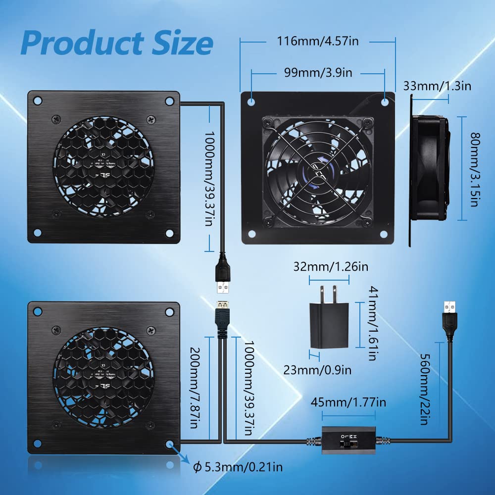SCCCF USB Cabinet 80MM Fan Quiet Cooling Fan System 4" with Speed Control, for Home Theater AV Cabinets (2PACK)