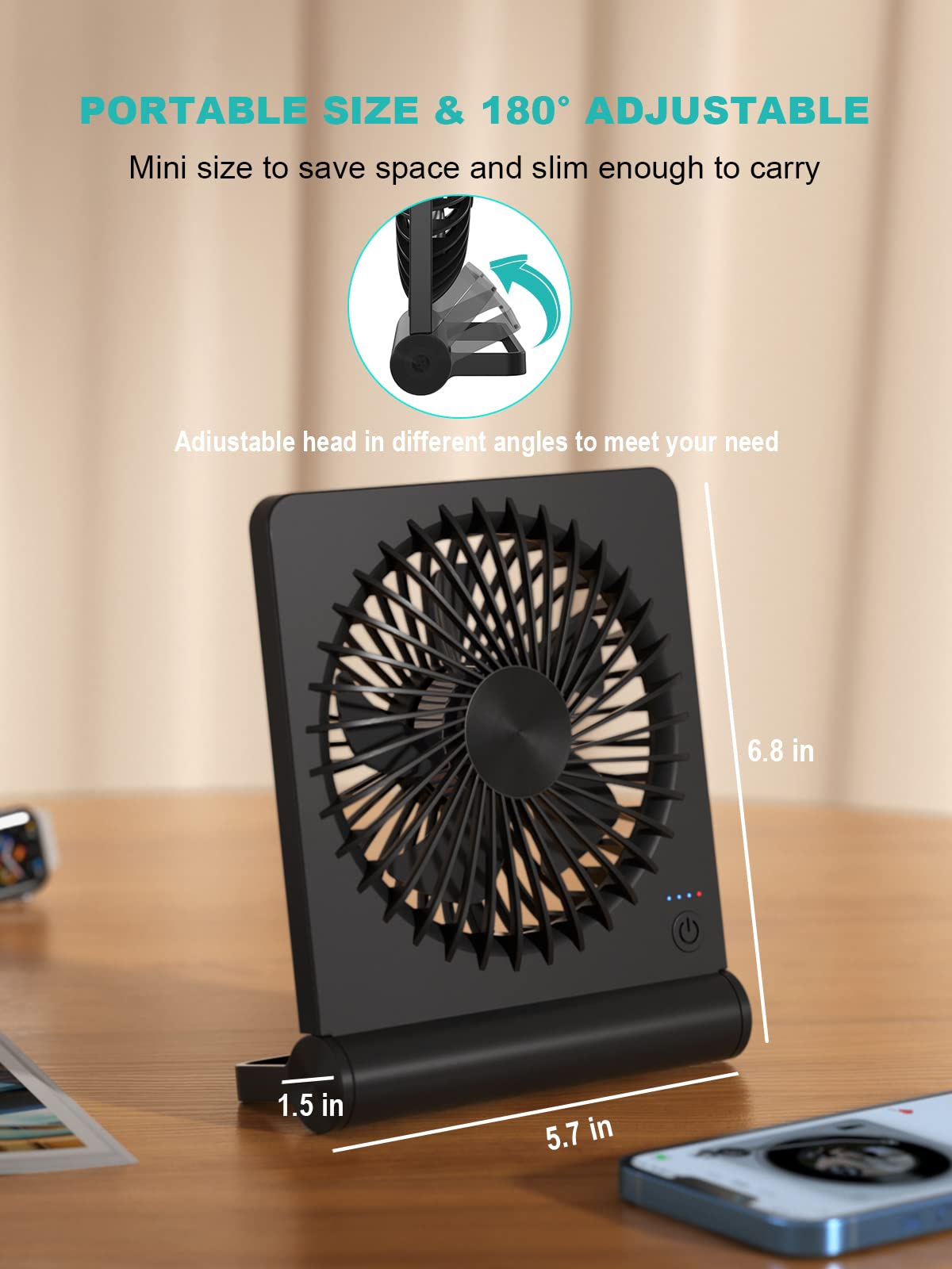 Desk Fan, Rechargeable Battery Operated, 3 Speeds Ultra Quiet Strong Wind