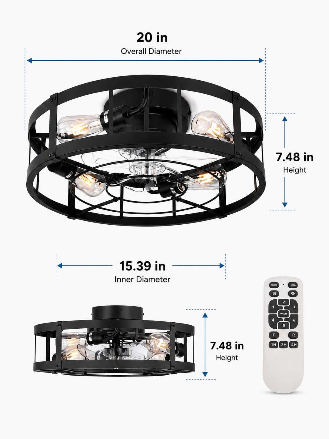 Garvee 20" Ceiling Fan with Lights, Black Cage Flush Mount Fan