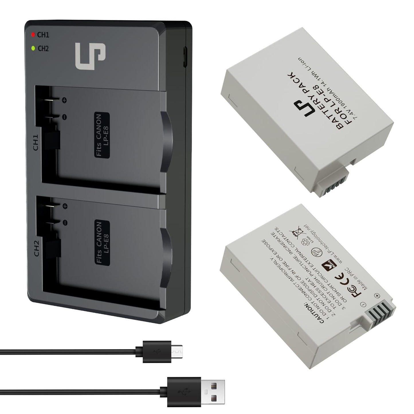 LP LP-E8 Battery Charger Pack, 2-Pack Battery & Dual Slot Charger, Compatible with Canon EOS Rebel T2i, T3i, T4i, T5i, 550D, 600D, 650D, 700D, Kiss