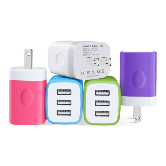Charger Plug, Charging Block Sicodo 5-Pack 3.1Amp 3-Port USB Cube for iPhone 17/16/15/14/13/12/SE/11Pro Max, Plus, Samsung Galaxy, LG, Moto, Kindle