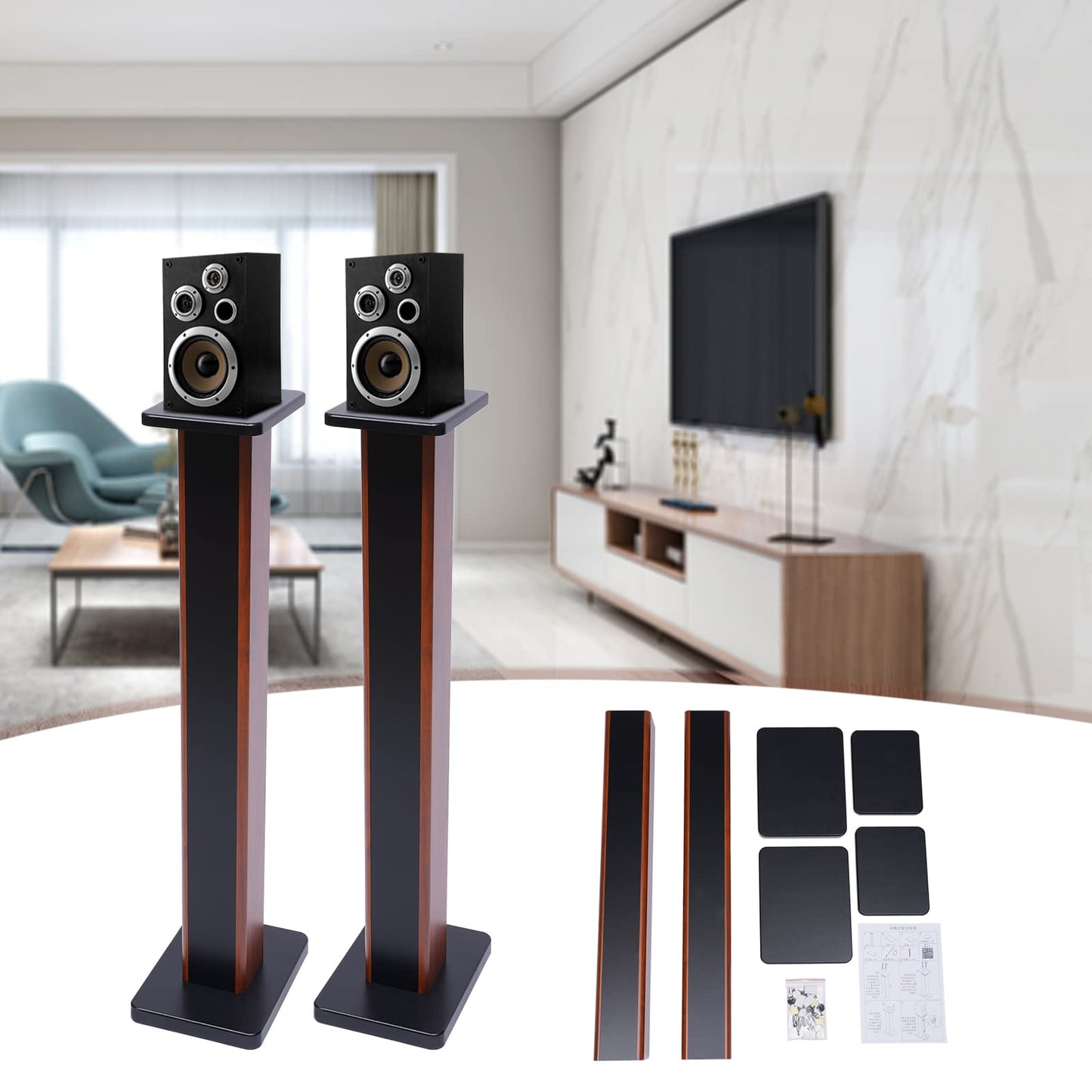 Hteedy 35.4" Speaker Stand 23.9lb Rosewood Wood Grain Column 35.4 in Height Home Theater Bookshelf -1 Pair