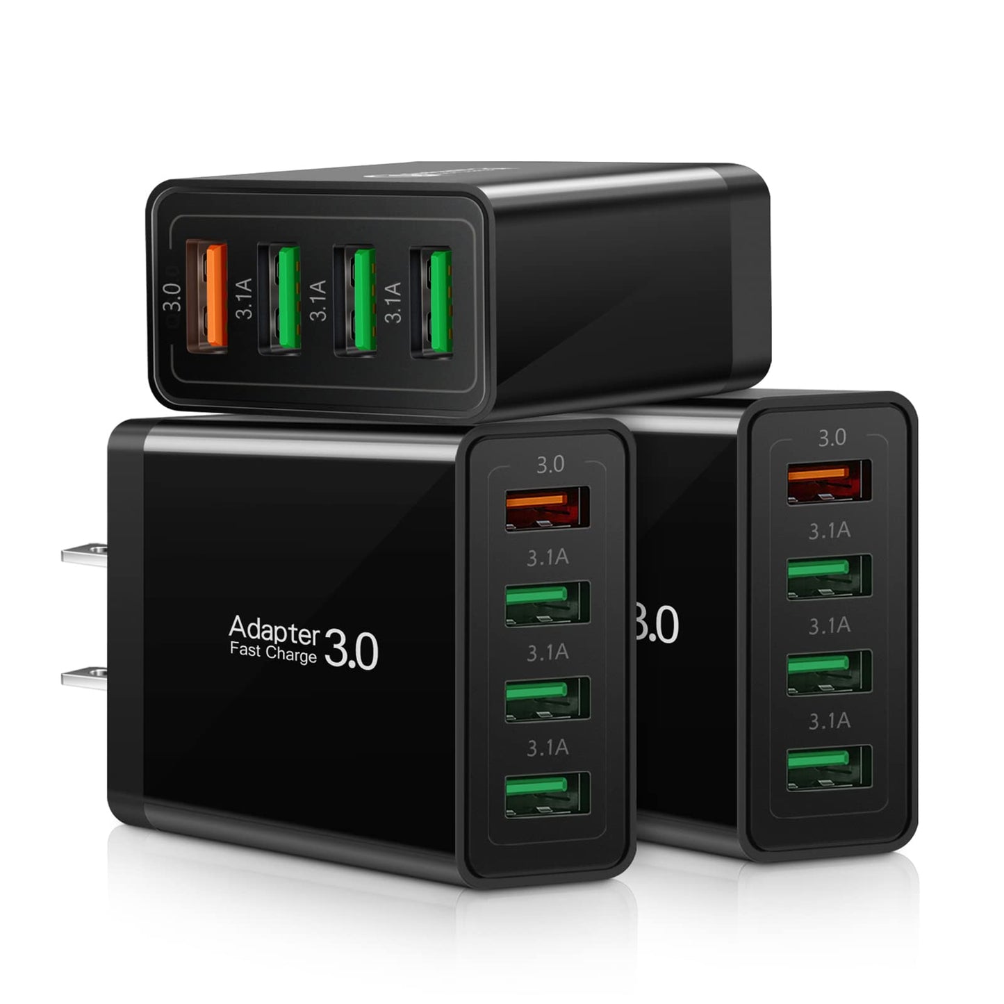 3-Pack Fast Charging 3.0 Wall Charger, 4-Ports USB Charger Block, iSeekerKit Multi USB Power Adapter, Dual Charging Box Plug Brick Cube Compatible