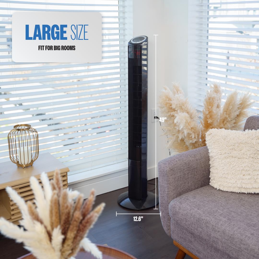 Hazel 49" Oscillating Tower Fan with Remote - Quiet 3-Speed, Black