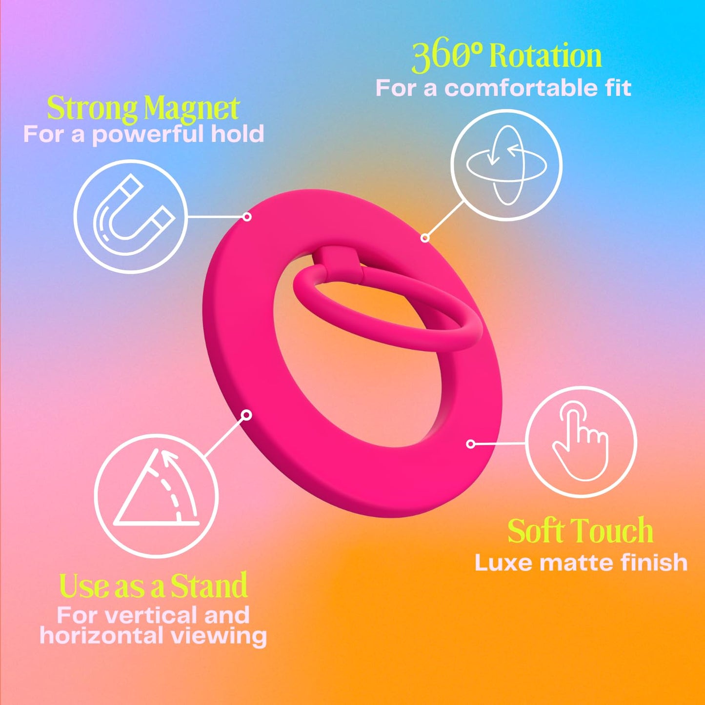 FELONY CASE - Neon Pink Ring Grip and Stand - Version 2.0 - Improved Stronger Magnet, Magnetic Phone Ring Holder for MagSafe Compatible iPhone 17,16
