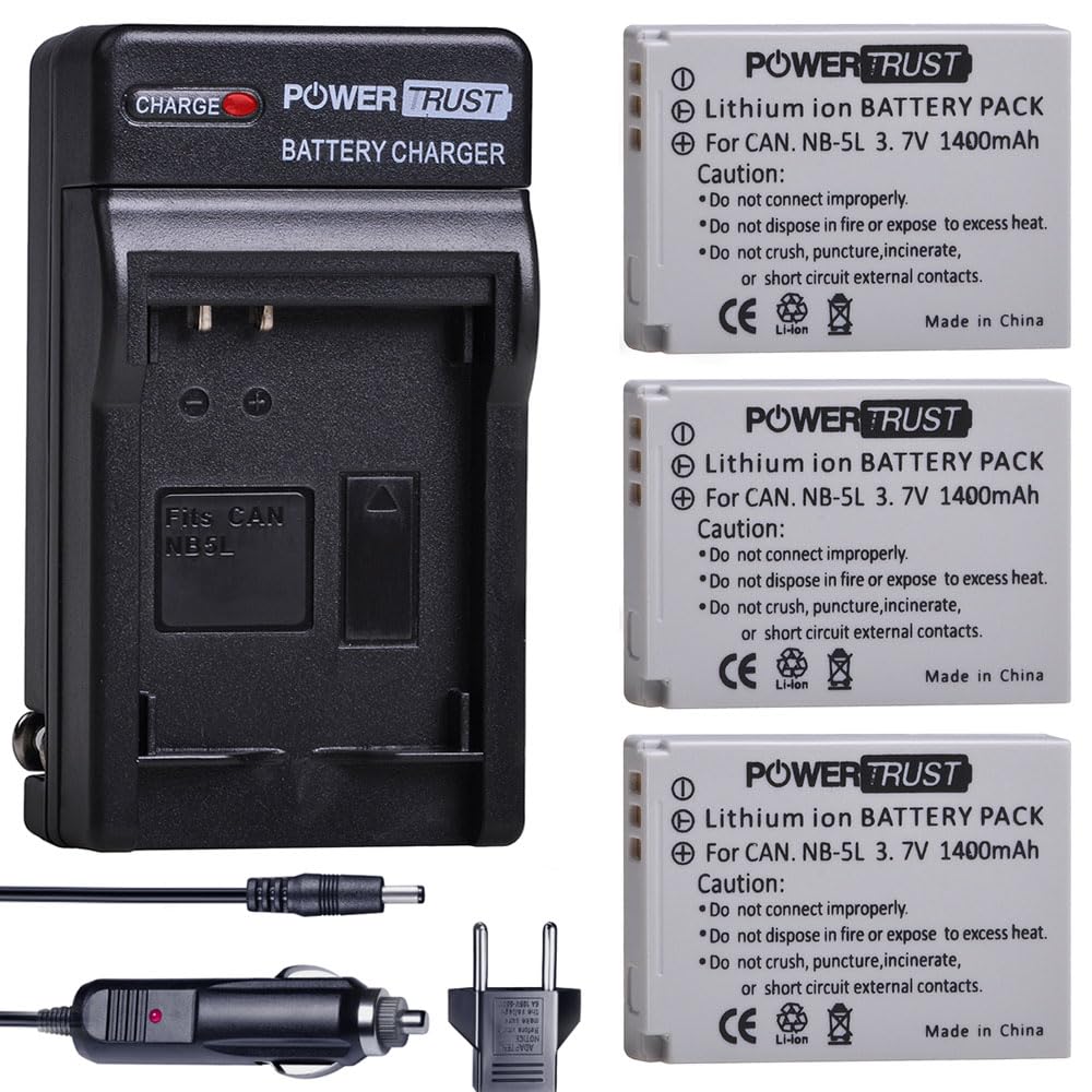 PowerTrust NB-5L Battery (3-Pack) and Fast Charger for Canon PowerShot S100 S110 SD700 is SD790 is SD800 is SD850 is SD870 is SD880 is SD890 is SD900