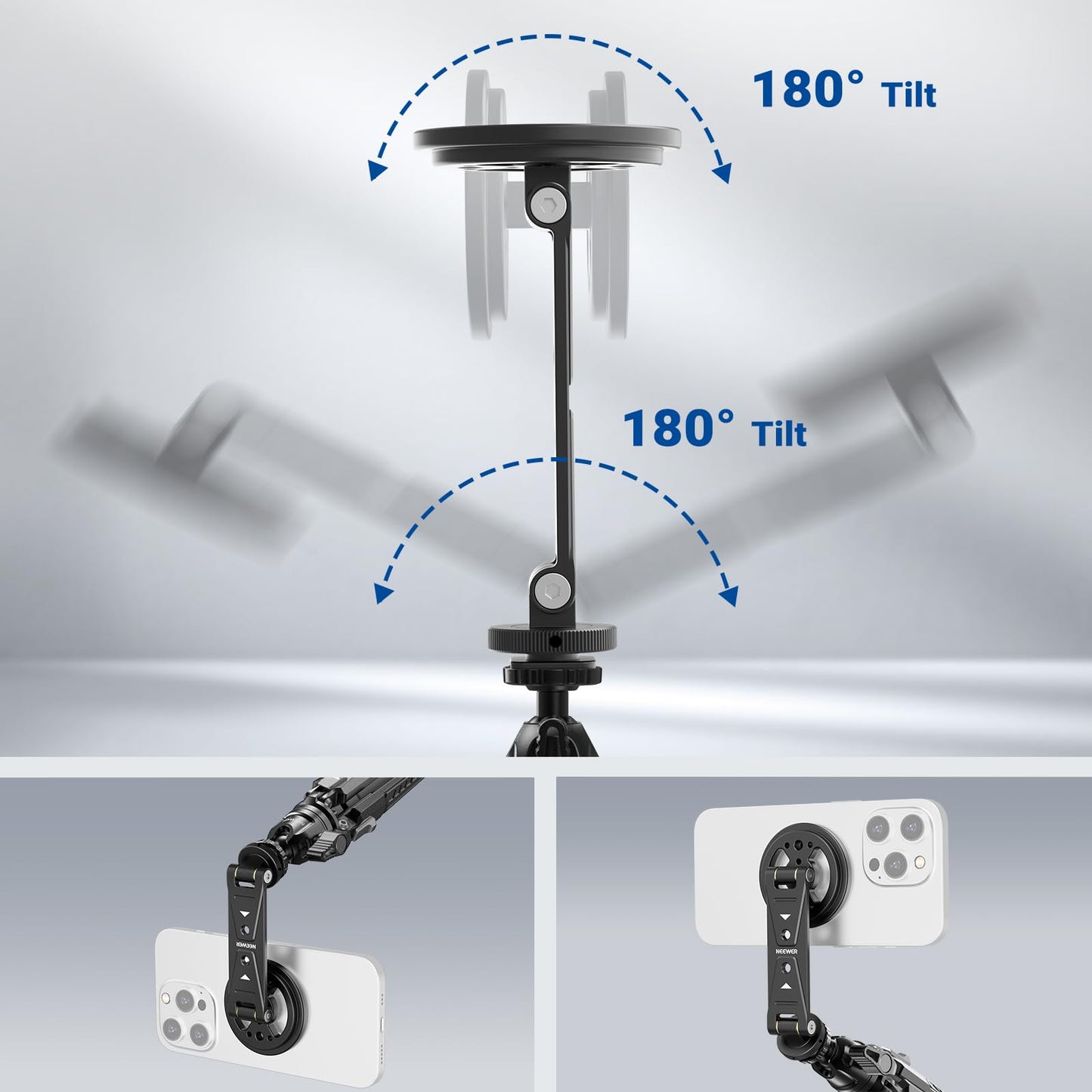 NEEWER Magnetic Phone Tripod Mount Compatible with MagSafe iPhone Samsung, Metal Adjustable Rotatable Cellphone Holder Adapter w/Cold Shoe for Tripod