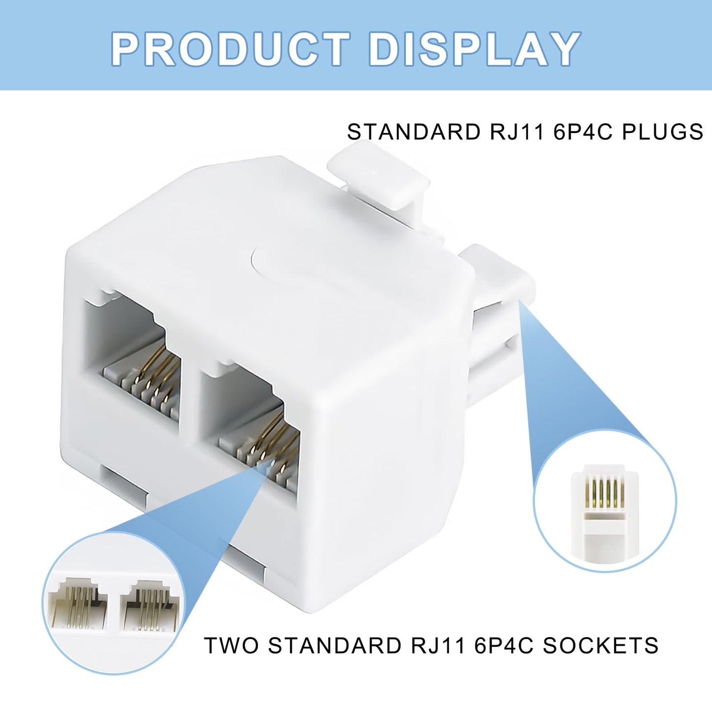 YIENFBEV Phone line Splitter, RJ11 Wall Plate Male Plug to Dual RJ11 Female Socket Adapter 2 Pack - White