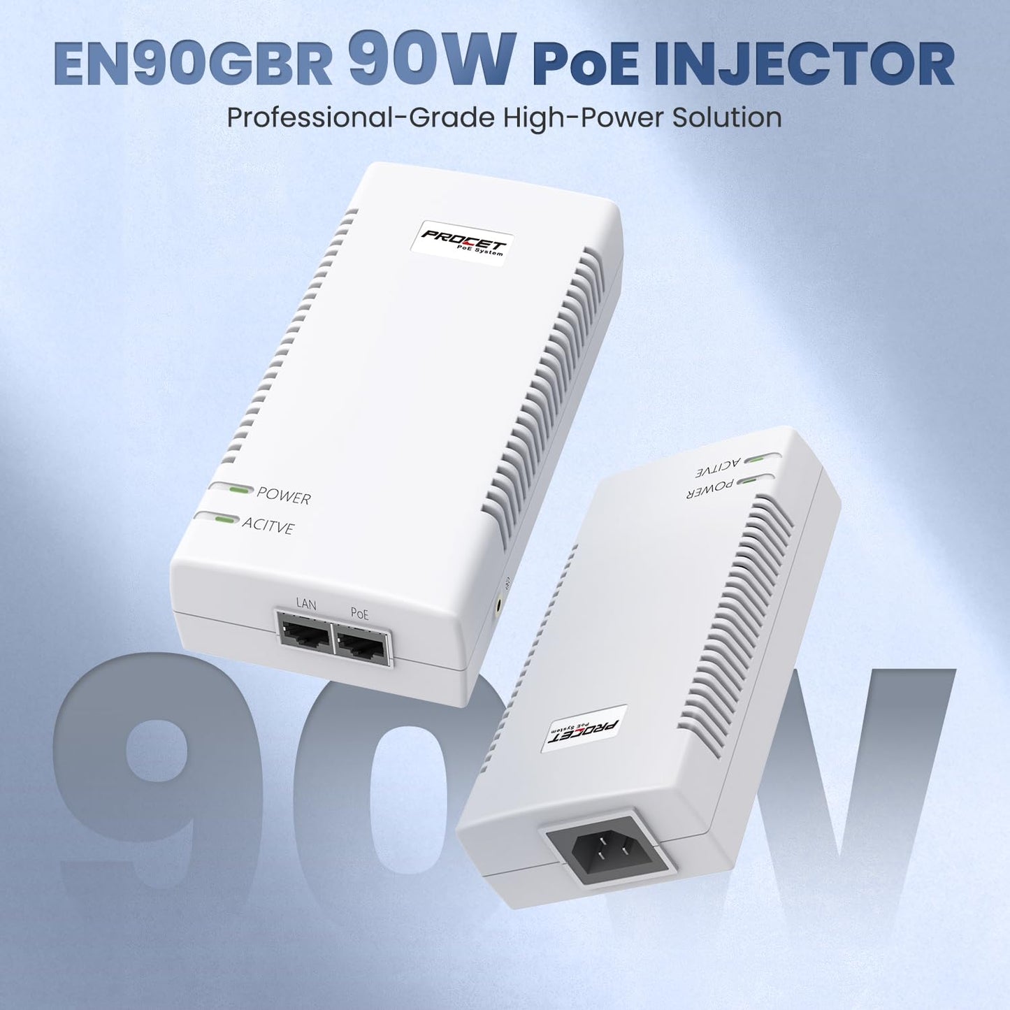 90W PoE Injector Gigabit, Supplies 15.4W or 30W or 60W or 90W IEEE802.3bt/at/af Compliant, PoE Port Supplies 6KV (10/700us) Surge Protection, PoE++