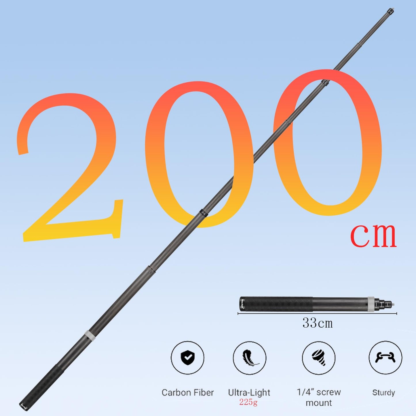 Funnyfox 33cm Extended to 2m Long True Carbon Fiber Super Long Extend Invisible Selfie Stick for insta360 X5 x4 Insta 360 X5 x4 x3 x2 x one r rs