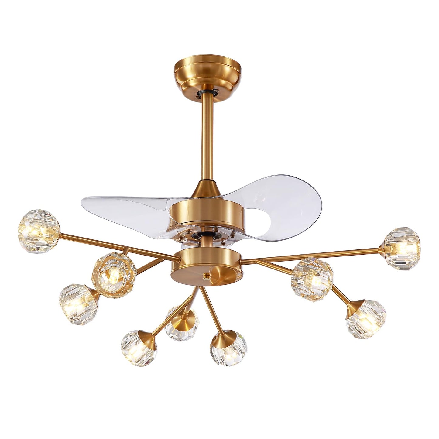 Siljoy 9-Light Farmhouse Sputnik Crystal Ceiling Fan with Light and Remote, Brass Gold Fandelier with Quiet Reversible Motor, 6 Speeds, 3-Color Change