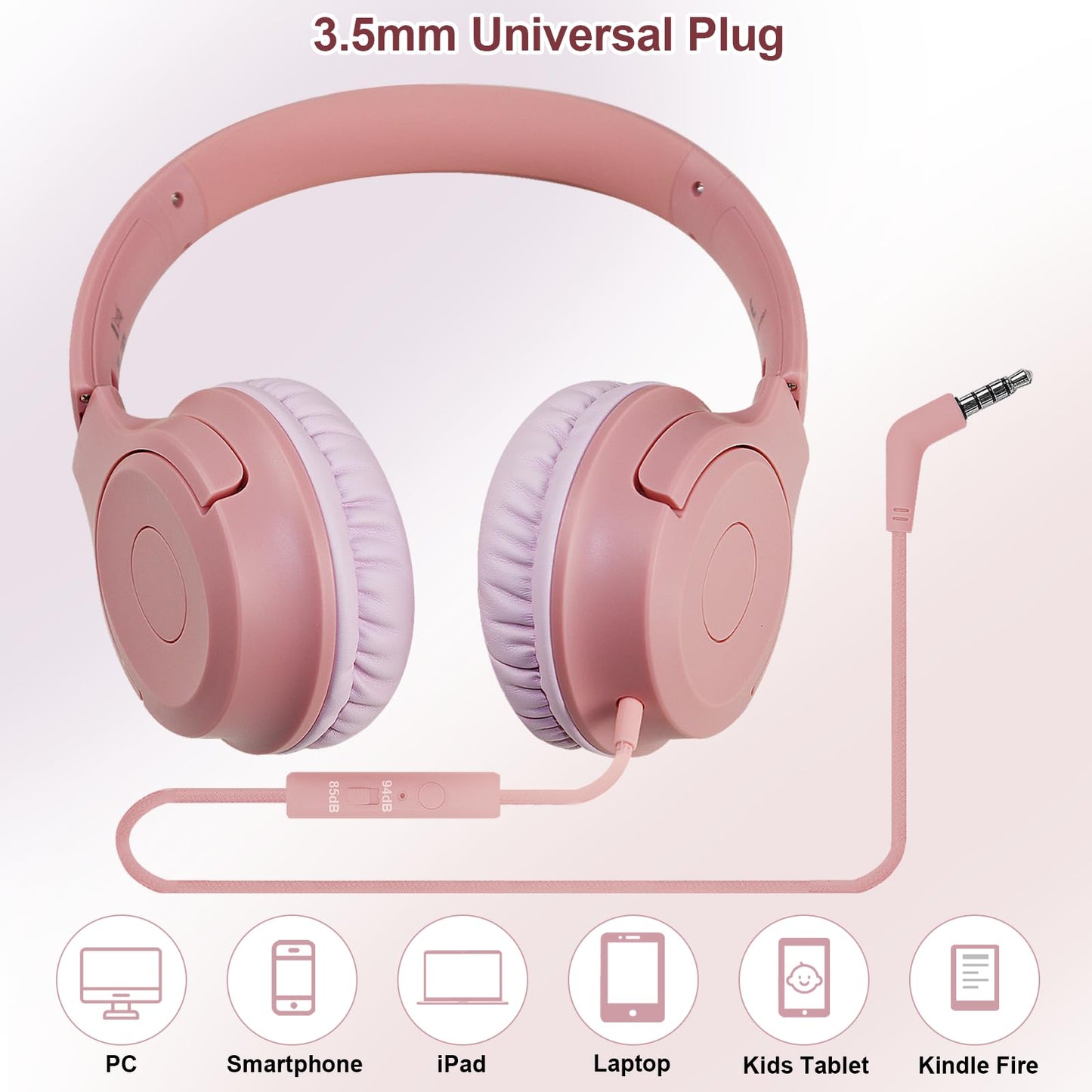 Kids Wired Headphones with Built-in Microphone, 85/94dB Safe Volume Limiter,Foldable,3.5mm Jack Over-Ear Cord Headset for Online Study/Travel…