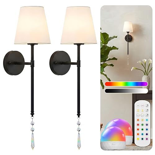 JIMEI Battery Operated Wall Sconces Set of Two Rechargeable Wall Sconce Wireless Wall Lights for Bedroom Wall Lamps with 15 Colors RGBCW Dimmable