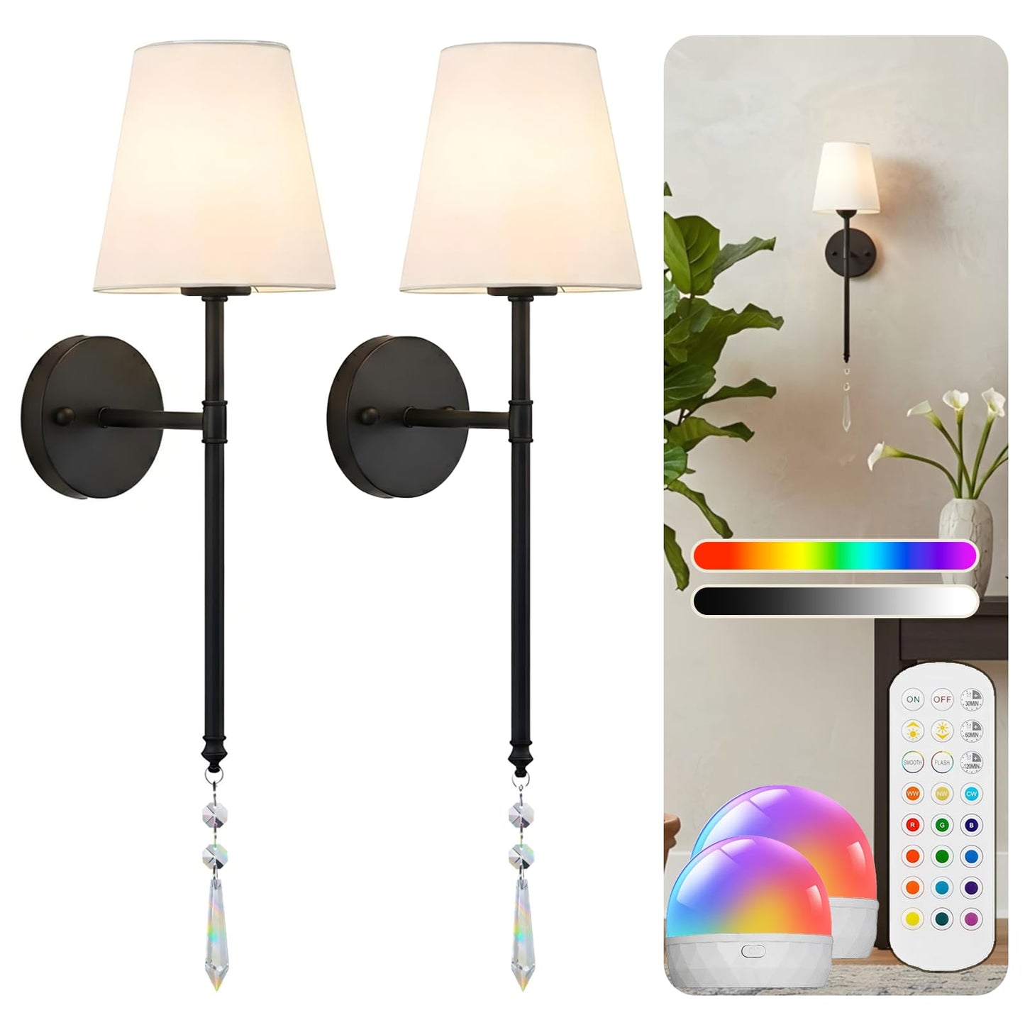 JIMEI Battery Operated Wall Sconces Set of Two Rechargeable Wall Sconce Wireless Wall Lights for Bedroom Wall Lamps with 15 Colors RGBCW Dimmable