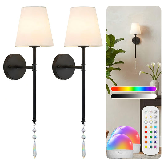 JIMEI Battery Operated Wall Sconces Set of Two Rechargeable Wall Sconce Wireless Wall Lights for Bedroom Wall Lamps with 15 Colors RGBCW Dimmable