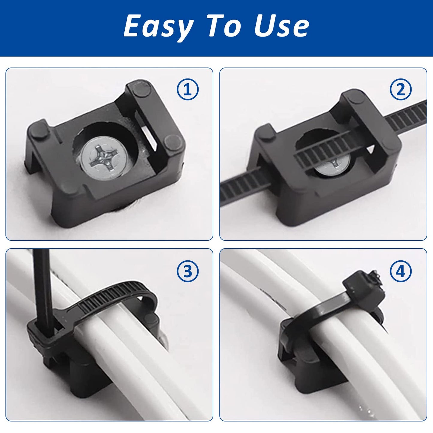 Cable Zip Tie Mounts Kit - 120 Set Wire Cable Clips Organizer Holders with 8" Cable Ties, Saddle Type Mounts Base and Tapping Screw, Black