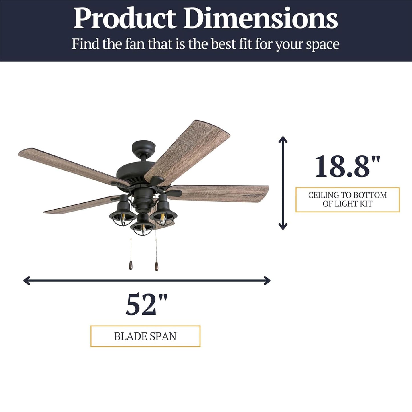 Prominence Home Ennora 52 Inch Ceiling Fan with LED Light, Pull Chain Control, 5 Blades with Reversible Motor and Tri-Mount Options, Bronze