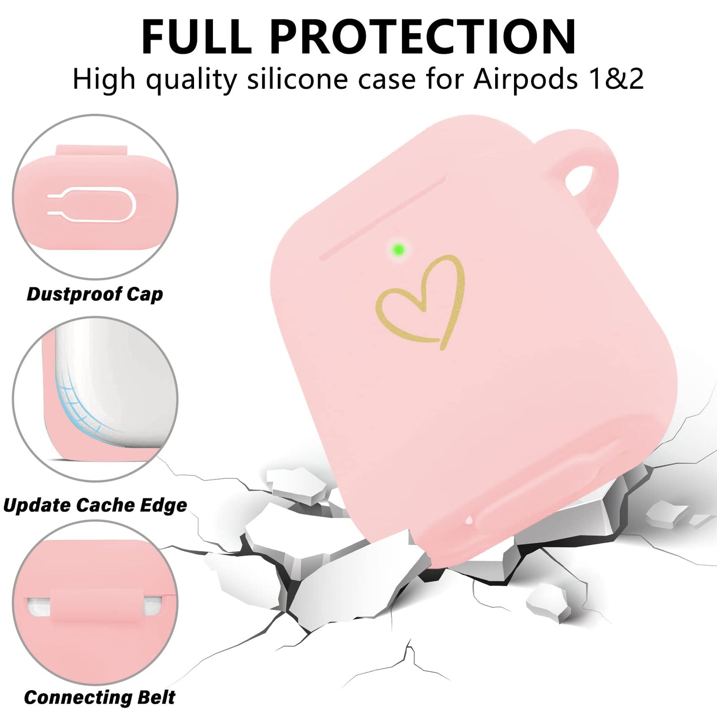 AIIEKZ Compatible with AirPods Case Cover, Soft Silicone Case with Gold Heart Pattern for AirPods 2&1 Generation Case with Rhinestone Studded Letter