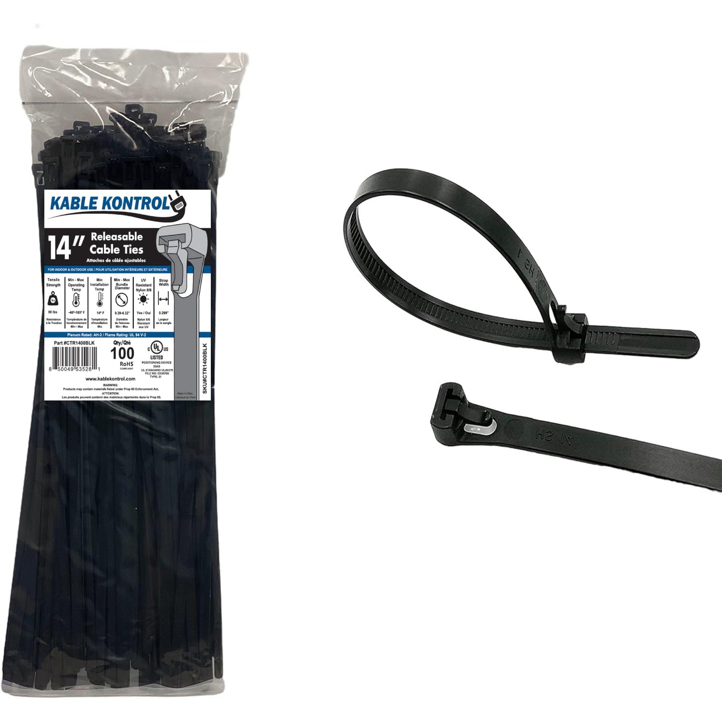 Kable Kontrol Reusable Cable Zip Ties 14 Inch 100 Pcs Black, 50 Lbs Tensile Strength, Self-Locking, Multipurpose Trigger Releasable & Adjustable Nylon