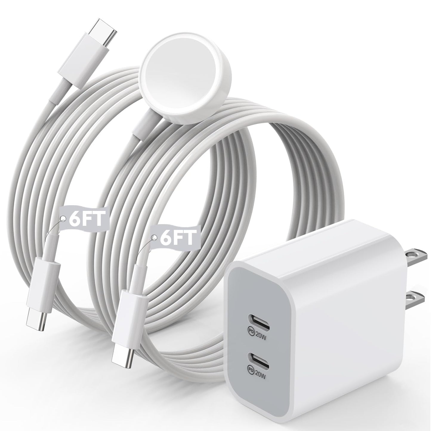 Super Fast Charger for Apple Watch & iPhone, 40W Dual USB C Port Fast Charger Adapter with 6FT Long Apple iWatch Cable and USB C to C Cord Compatible