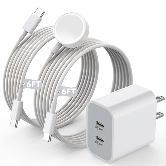 Super Fast Charger for Apple Watch & iPhone, 40W Dual USB C Port Fast Charger Adapter with 6FT Long Apple iWatch Cable and USB C to C Cord Compatible