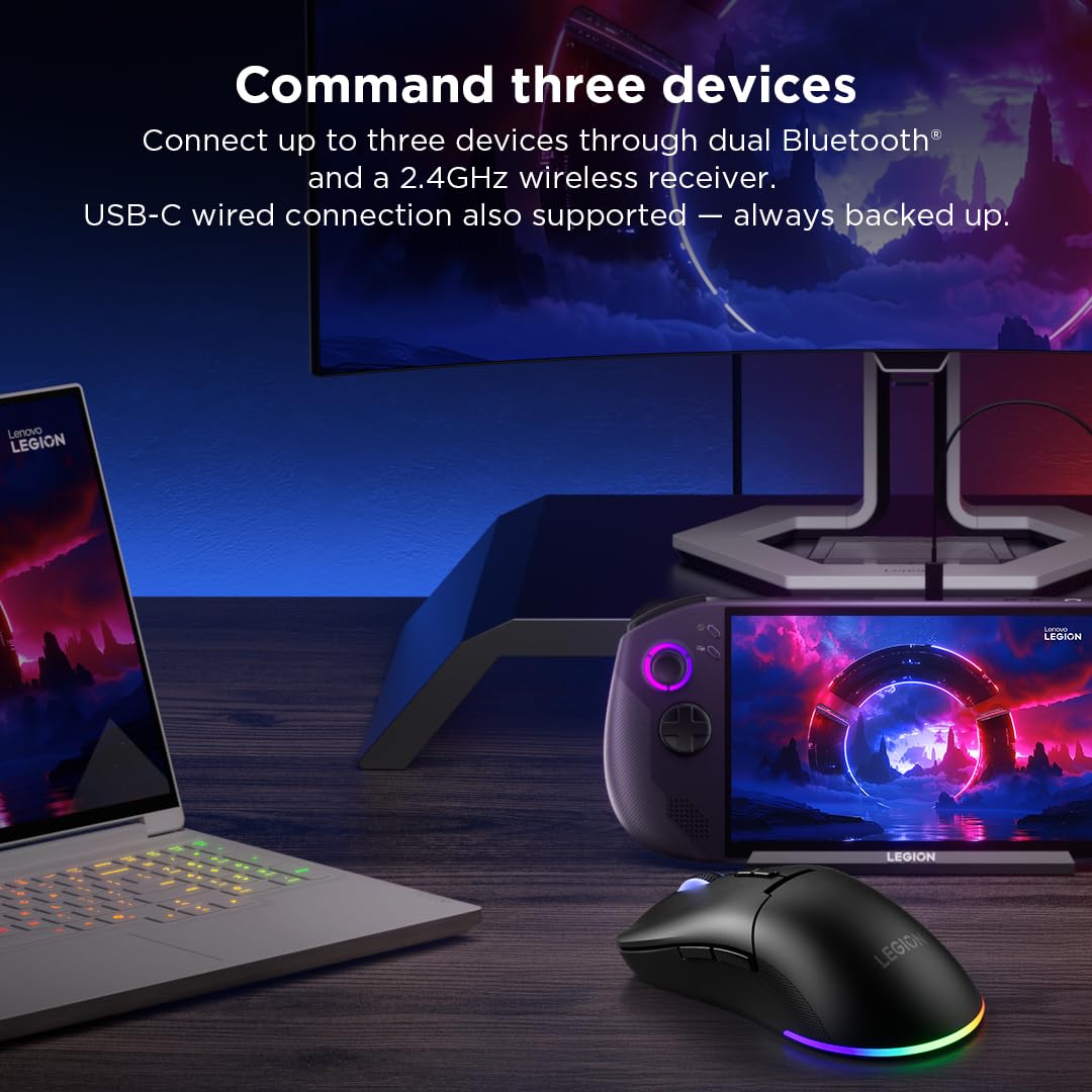 Lenovo Legion M220 Wireless RGB Gaming Mouse, Dual Channel Bluetooth, 2.4Ghz Wireless, USB-C Charging, 5-Level DPI Switch, Symmetrical Medium-Large